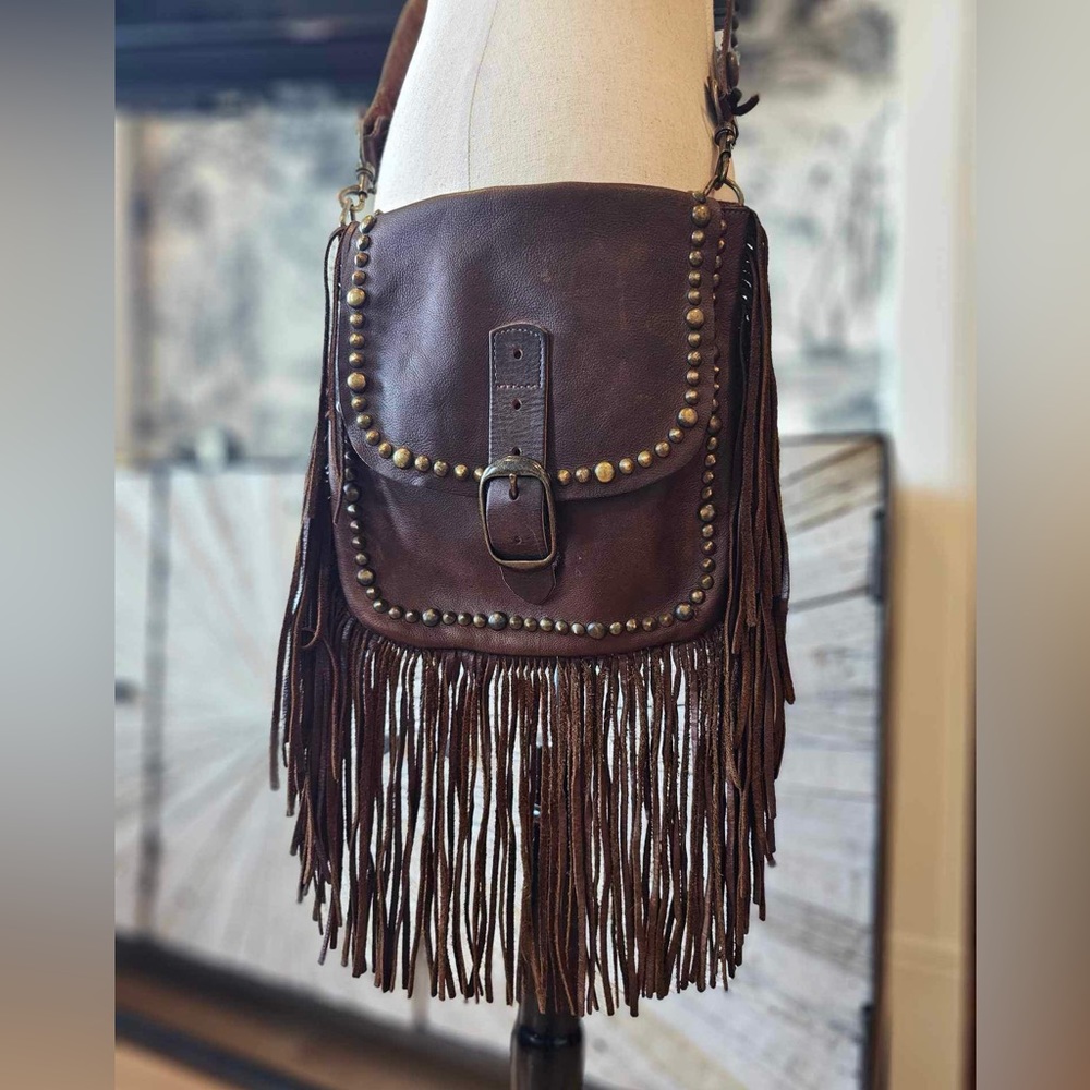 Brown Fringe Leather McFaddin Two Bar West Crossbody Western Studs Rodeo Handbag